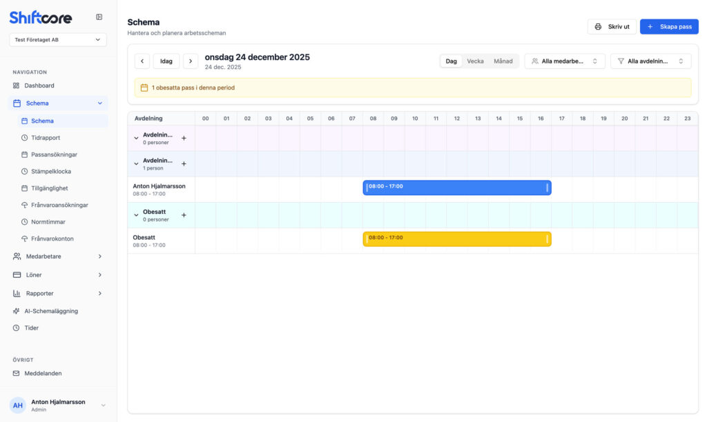 Veckoschema i ShiftCore med pass per medarbetare